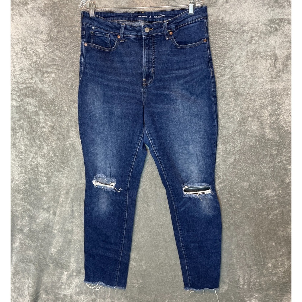 Old Navy Womens OG Straight Jean 12 Tall High Rise Distressed Dark Wash Stretch